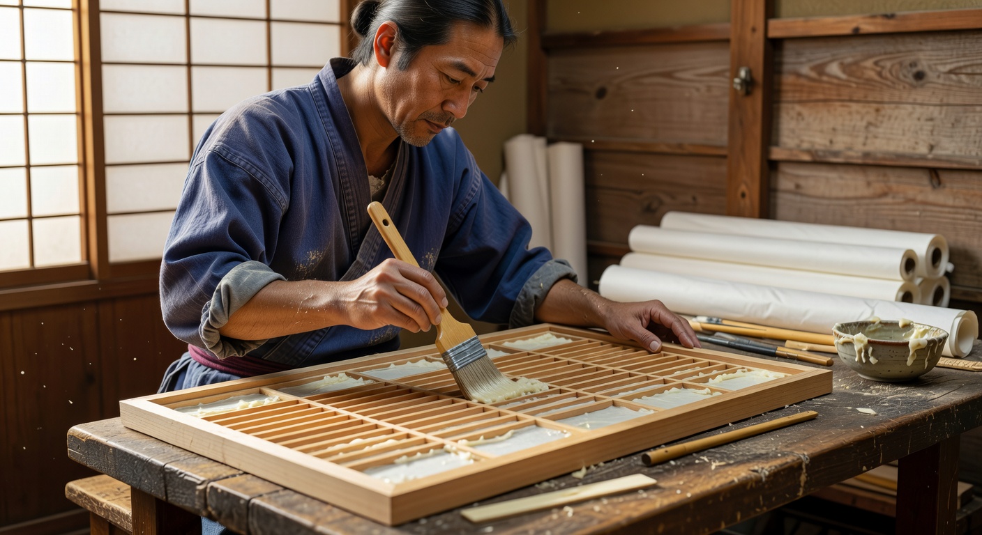 Applying adhesive evenly to the shoji frame lattice