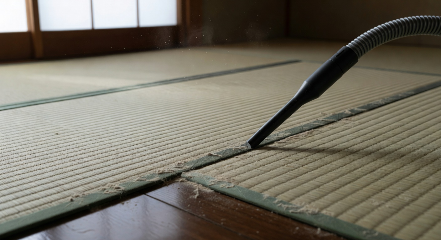 Cleaning the border edges of tatami with a small brush