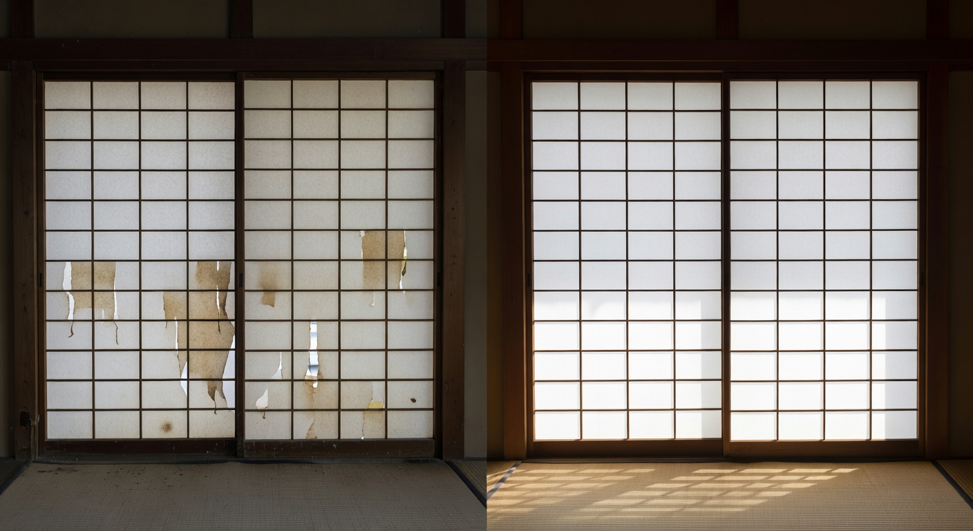 Shoji panel before and after replacement - a striking transformation