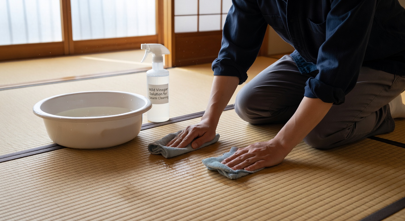Wiping tatami mat surface with a dry cloth in the grain direction